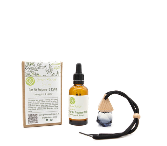 Car air freshener, refill bottle and eco friendly box with biodegradable label on a white background