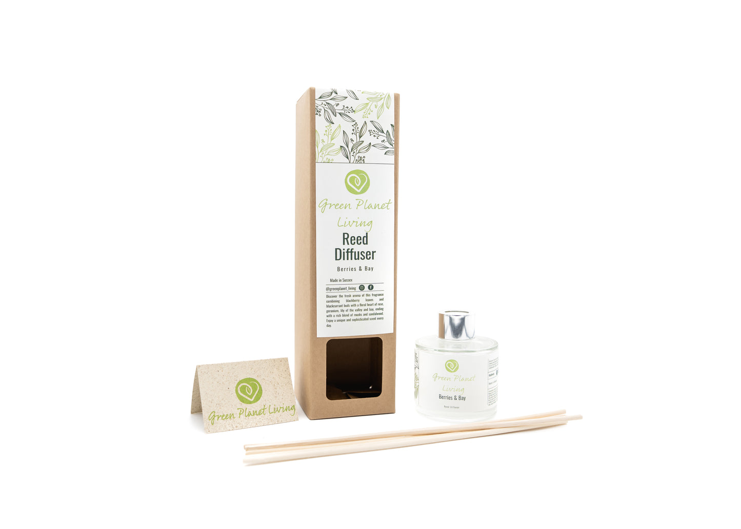 Green Planet Living Berries & Bay reed diffuser with recyclable cardboard packaging – plastic-free, eco-conscious home fragrance.