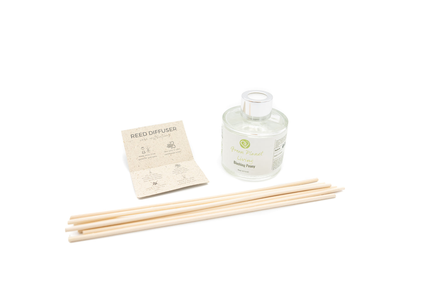 Green Planet Living Blushing Peony reed diffuser with reusable reeds and eco care leaflet – sustainable gift for eco-conscious homes