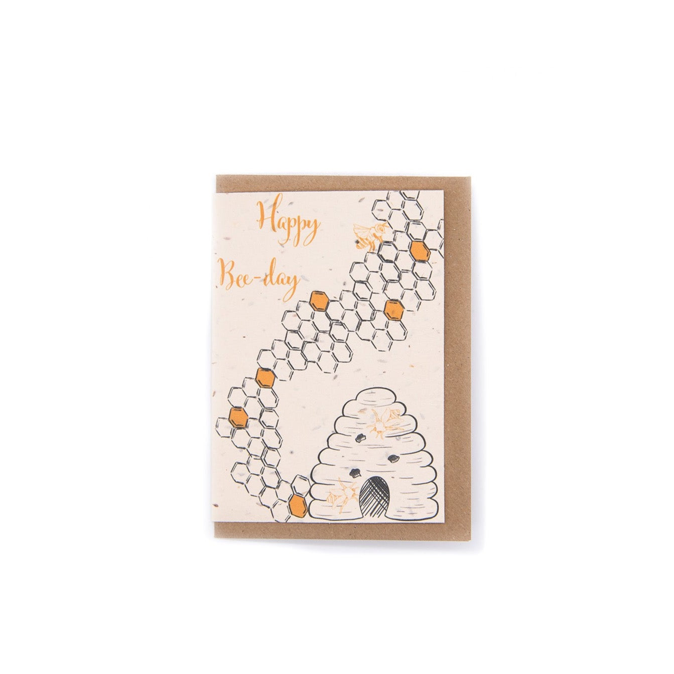 Happy Bee-Day luxury birthday card printed on handmade wildflower seed paper with bee and beehive illustration, plantable eco-friendly card by Green Planet Living.