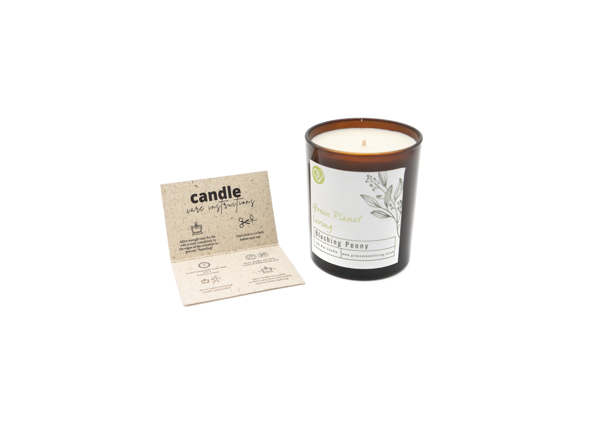 Luxury peony fragrance candle with open candle care instructions card
