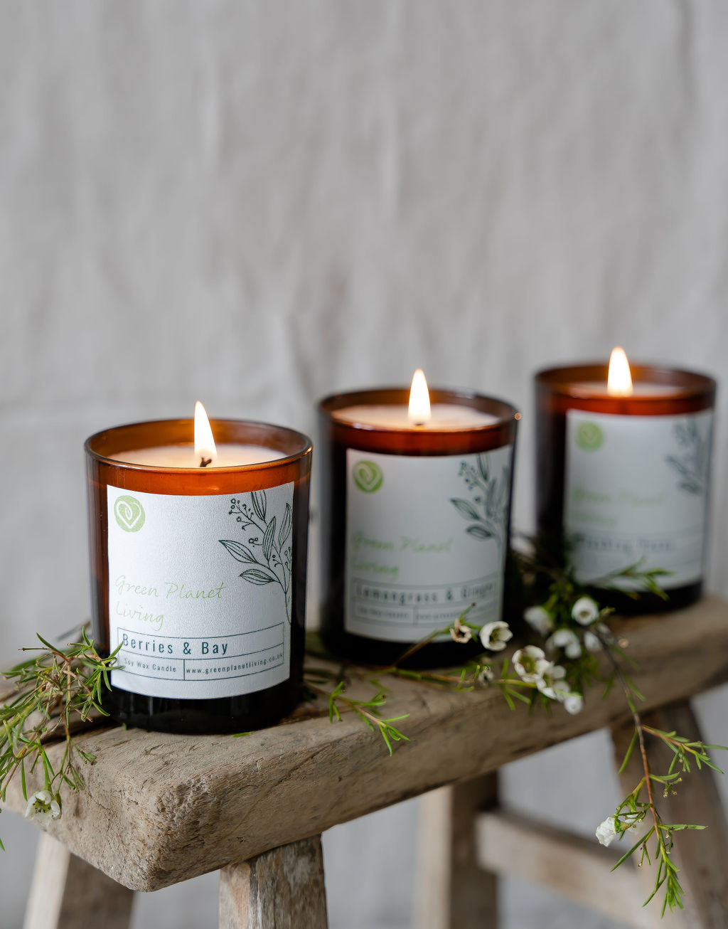 3 luxury plant based candles on a wooden stall with natural green foliage 