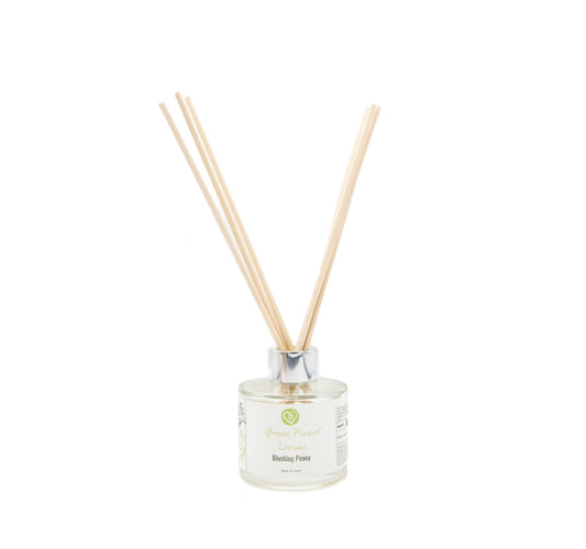 REED DIFFUSER ON WHITE BACKGROUND WITH REEDS INSERTED. LUXURY SILVER BOTTLE NECK AND GREEN PLANET LIVING ON THE LABEL